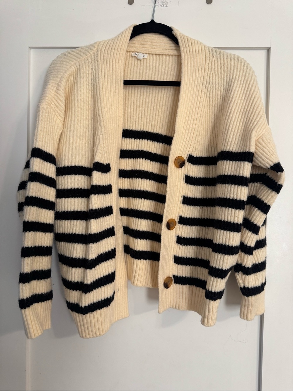 Cream and Black Striped Women's Cardigan Sweater